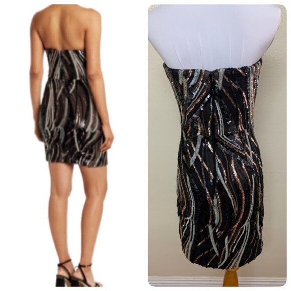 Dress the Population Strapless Mini Sequins Sheath Cocktail Dress SMALL Black - Picture 2 of 10